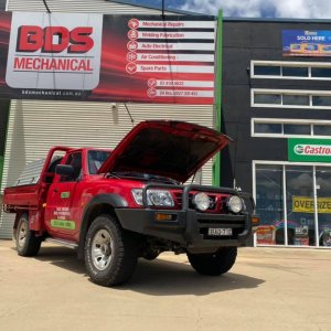 Red ute in front of the BDS Mechanical Repairs Bundaberg Workshop