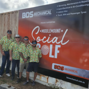 BDS Mechanical Repairs Middlemount AT THE @AG Middlemount Charity Golf Day 2023. 4 men in front of the BDS sponsorship sign