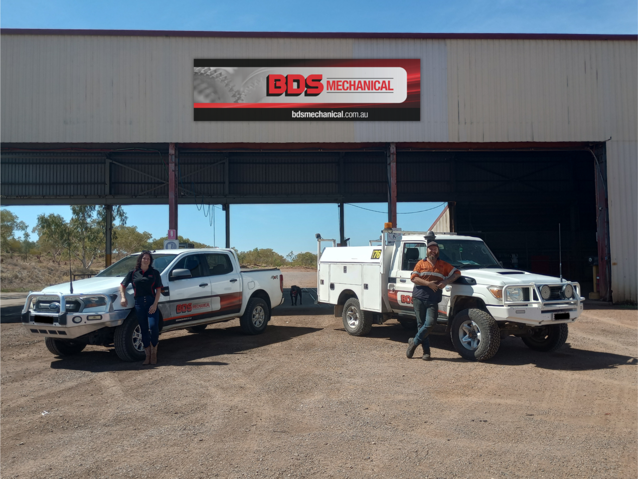 BDS Mechanical Cloncurry with diesel mechanics standing in front of the new workshop