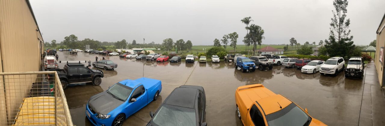 Cars outside the BDS Mechanical Maryborough workshop ready for dyno night