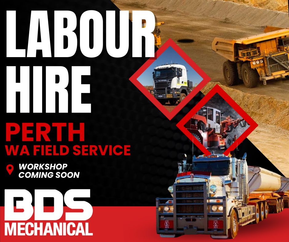 BDS Mechanical Repairs black and red perth flyer with mining equipment and heavy trucks