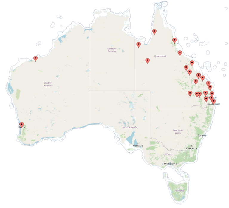Service locations include: Cairns, Brisbane, Townsville, Mackay, Moranbah, Middlemount, Rockhampton, Gracemere, Moura, Gladstone, Bundaberg, Maryborough, Roma, Chinchilla, Miles, Toowoomba, Gold Coast, Kingaroy, Sunshine Coast, Doomadgee, Kowanyama, Cloncurry and Perth
